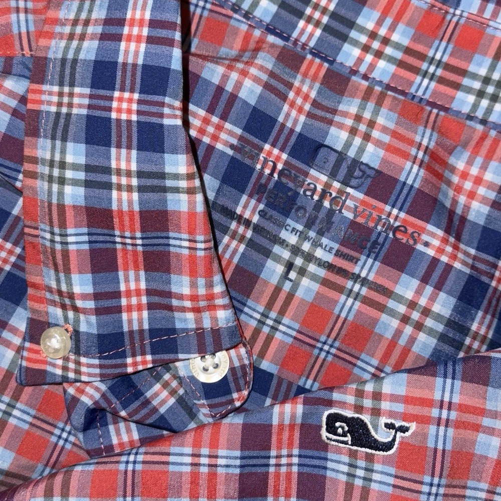 Vineyard Vines Performance Classic Fit Whale Shirt Men's L Red Plaid Long Sleeve